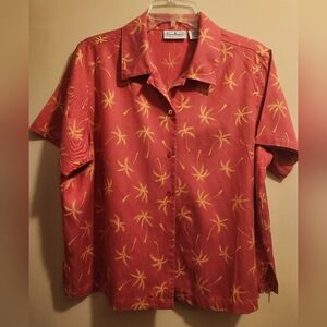 Patchington Petite Coral Shirt with Yellow Palm Design.  71%Silk, 29% Cotton